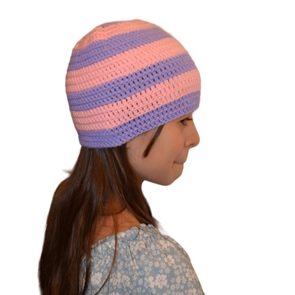 Beanie Hat Knit Crochet Purple Pink Stripes Girls 5-8 y.o. - Picture 3 of 5
